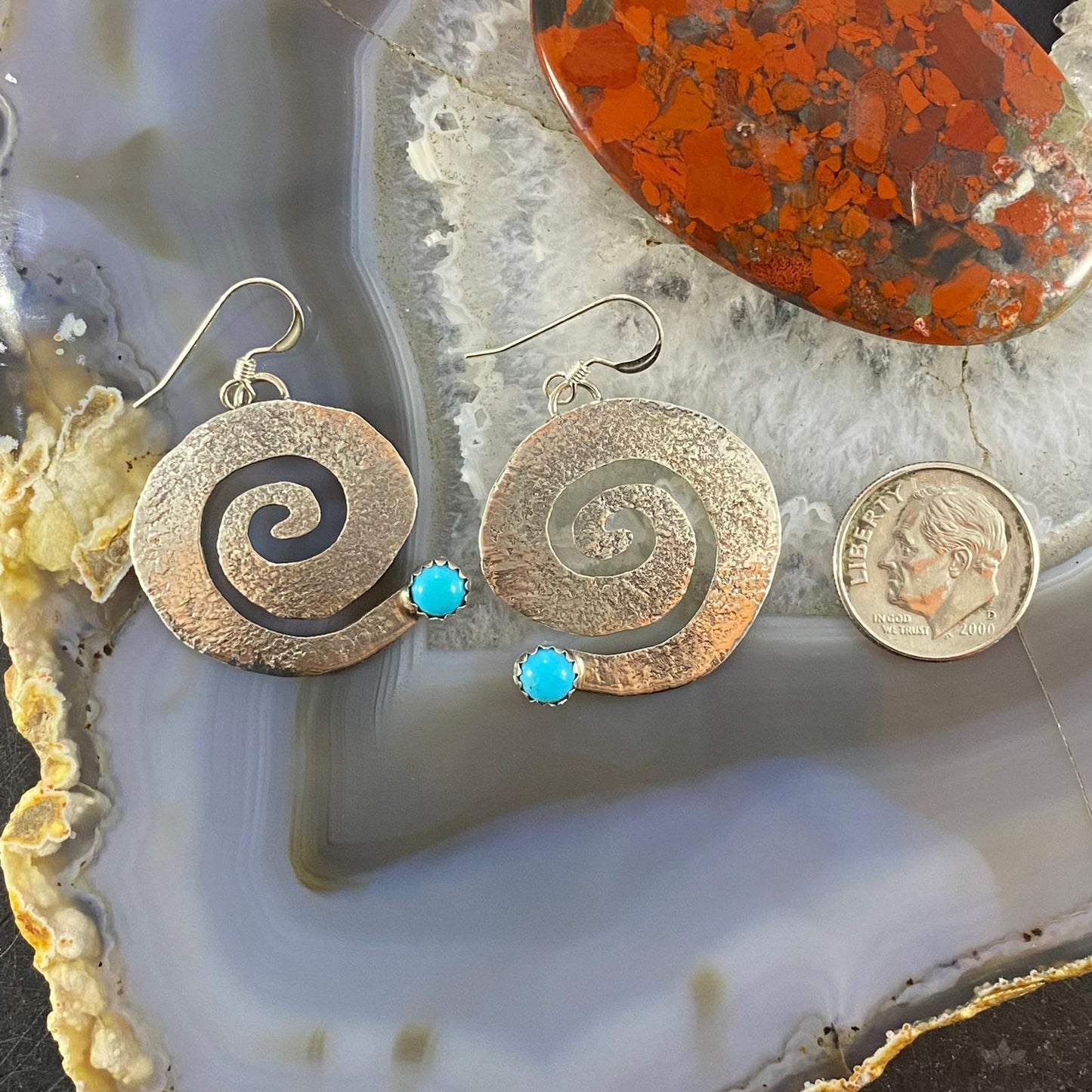 Brad Panteah Native American Sterling Turquoise Hammered Spiral Dangle Earrings