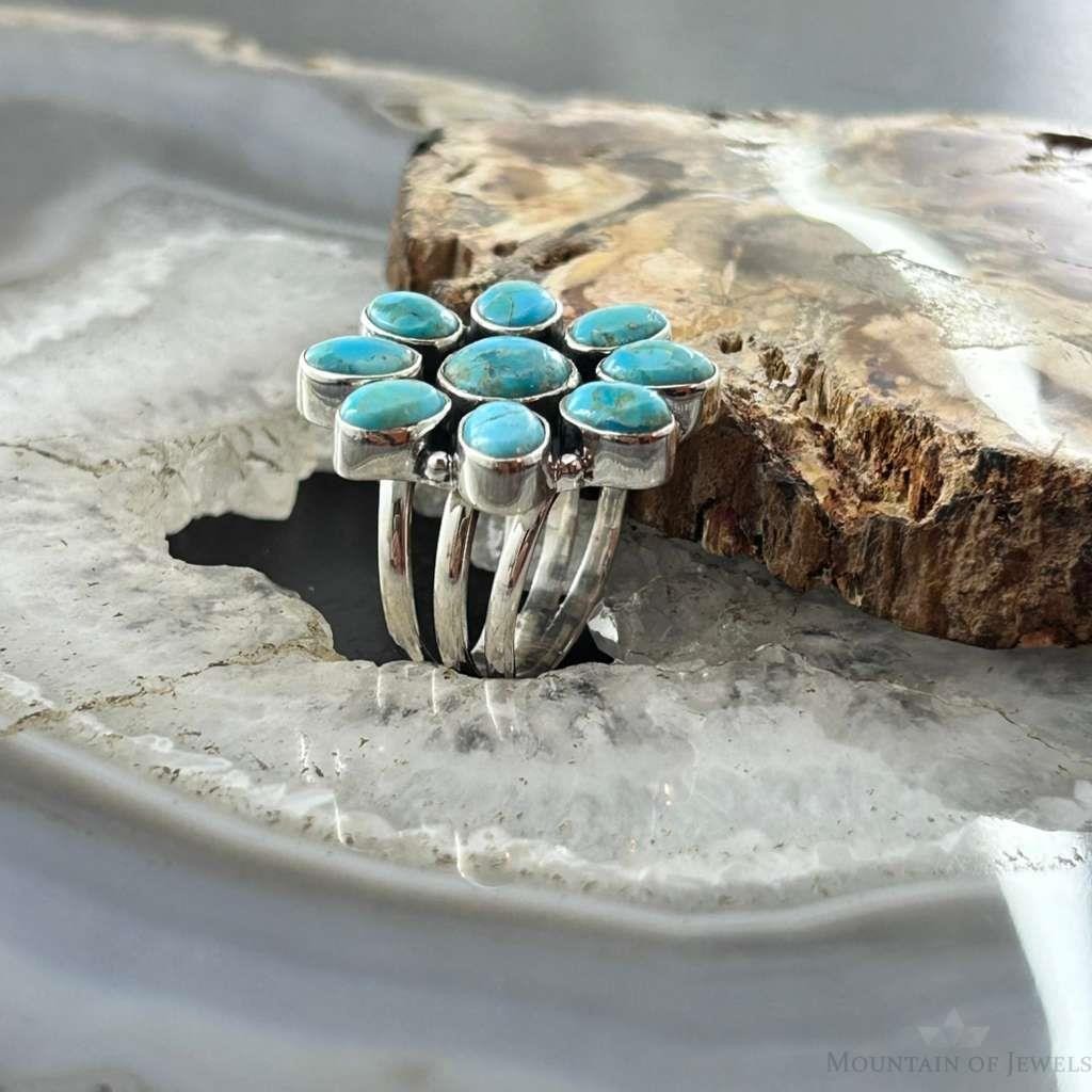 Sterling Silver Southwestern Style Mohave Turquoise Cluster Ring Size 7.75 For Women