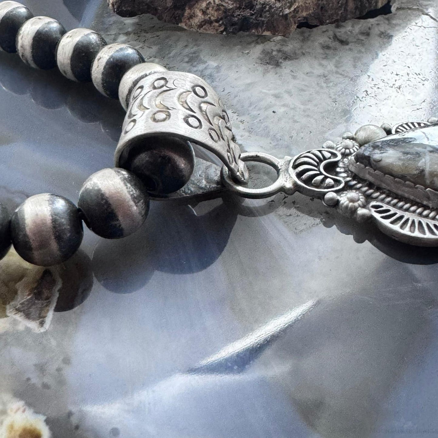 Sterling Silver Southwestern Style Elongated Marquise Dendritic Agate Decorated Pendant For Women