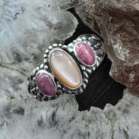 Carolyn Pollack Sterling Silver Oval Peach Mother of Pearl & Rhodonite Ring For Women