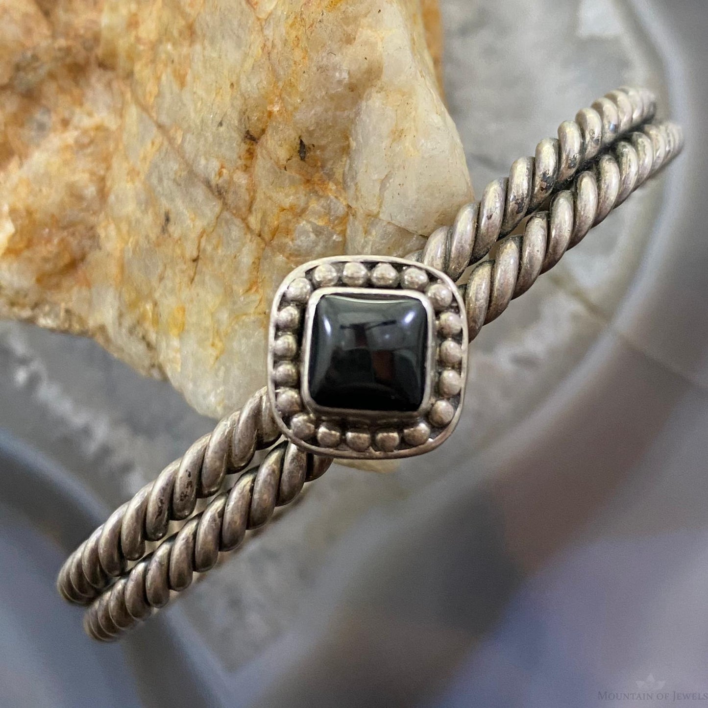 Vintage Native American Silver Square Onyx Double Coil Bracelet For Women