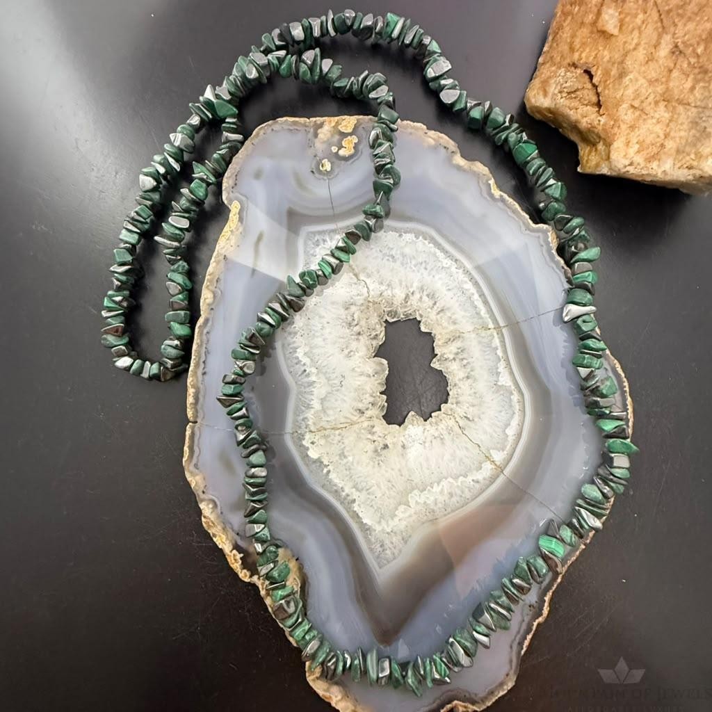 Vintage Natural Malachite & Hematite 34" Necklace For Women