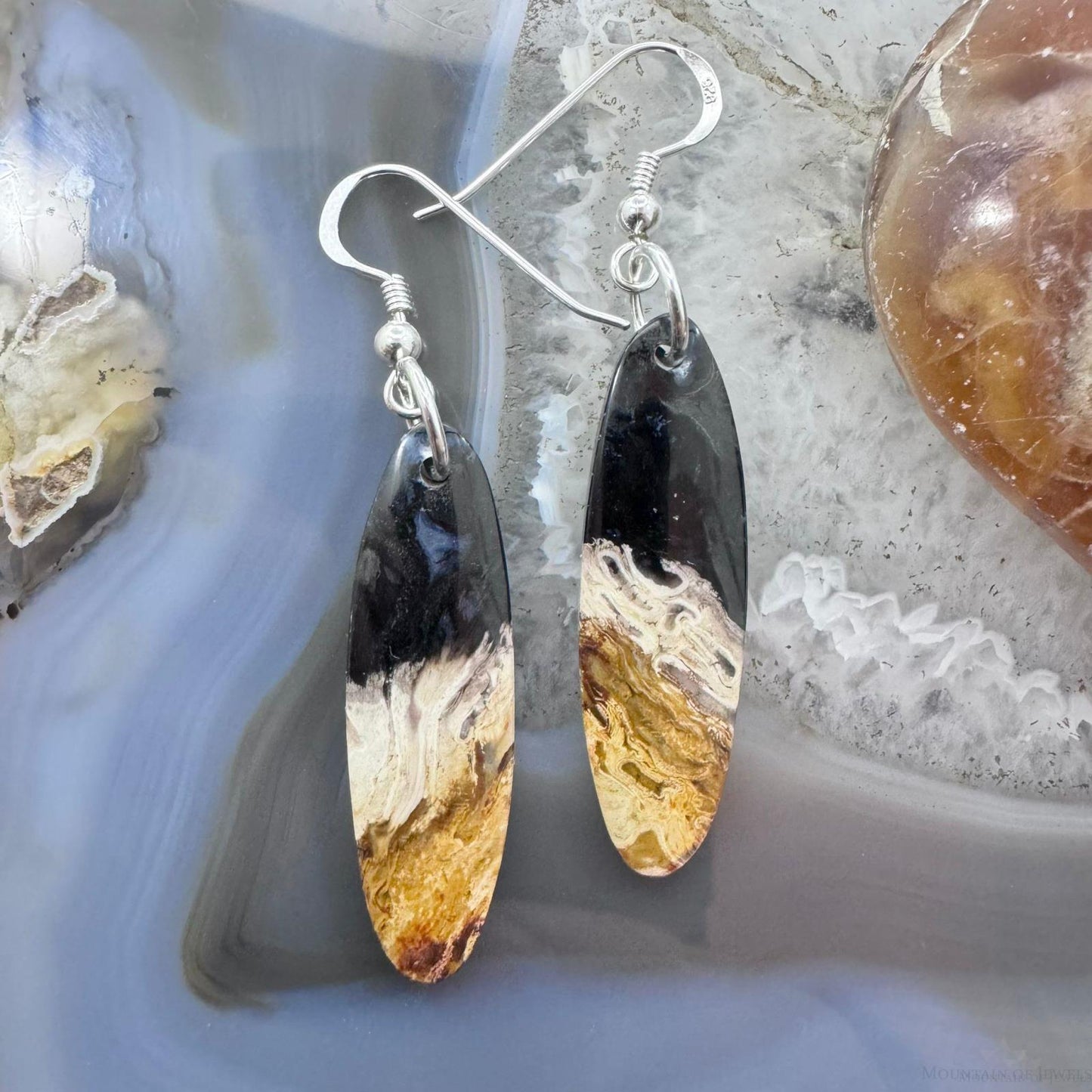 Sterling Silver Elongated Oval Plum Root Jasper Slab Dangle Earrings For Women #230