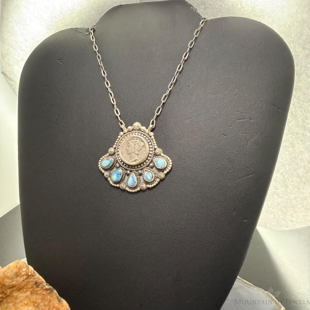 Sterling Silver Southwestern Style 1942 Mercury Dime & Golden Hill Turquoise Necklace For Women