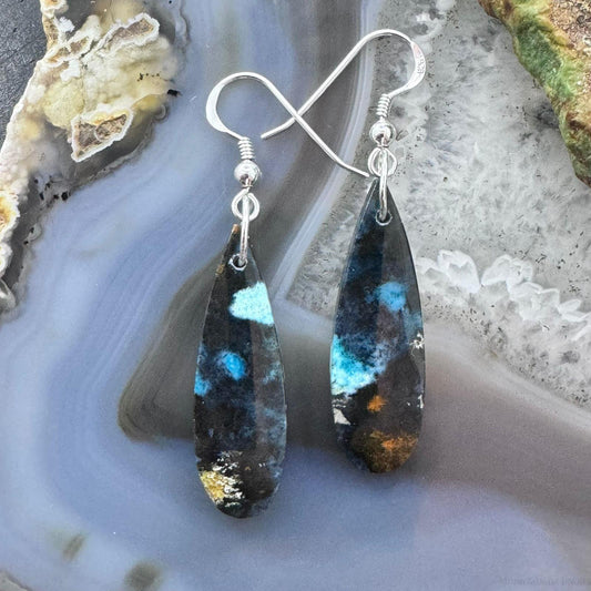 Sterling Silver Elongated Teardrop Chrysocolla Slab Dangle Earrings For Women #226