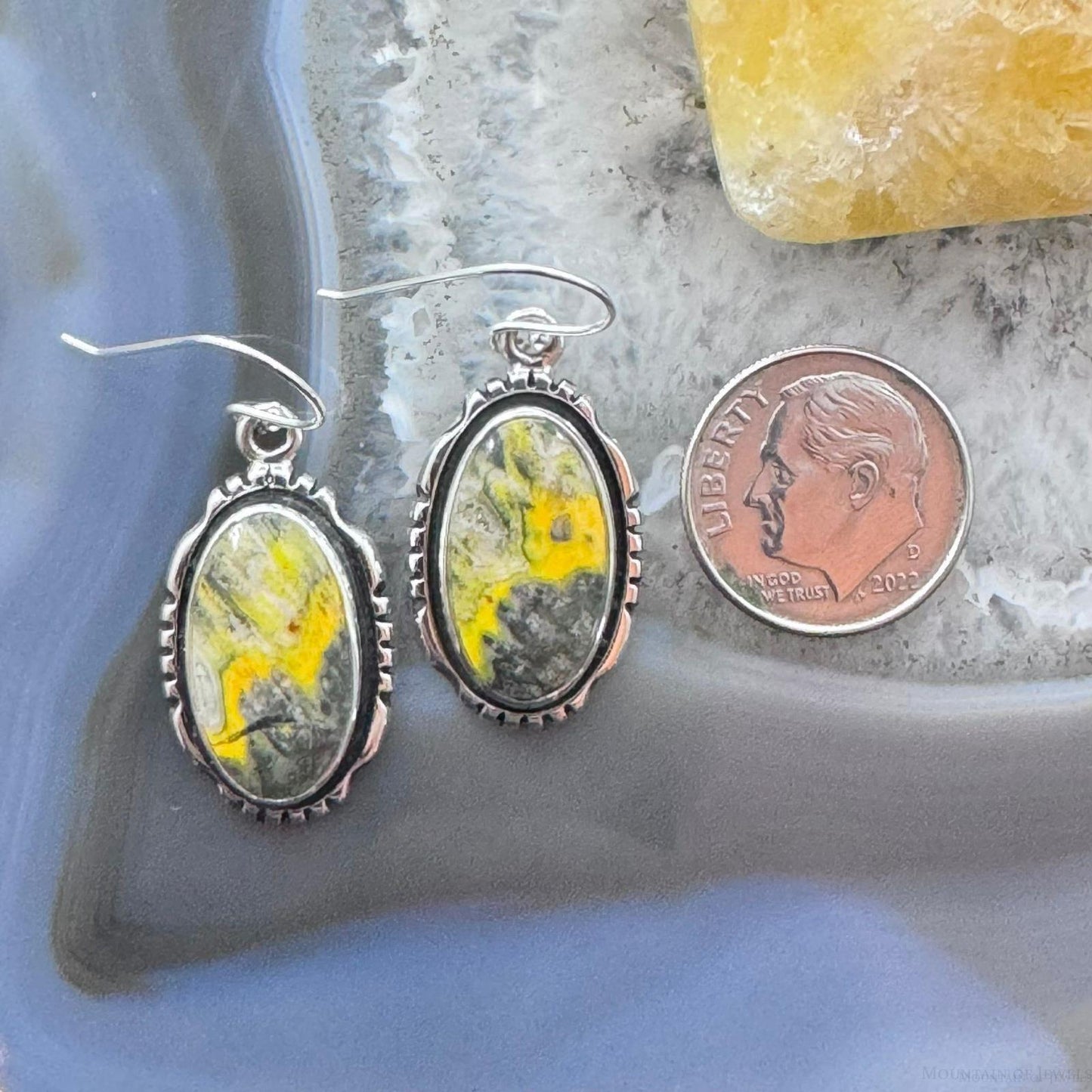 Native American Sterling Silver Oval Bumblebee Jasper Dangle Earrings For Women