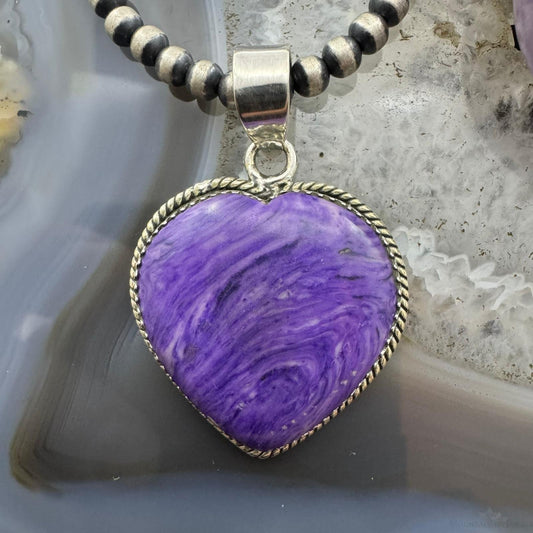 Sterling Silver Southwestern Style Charoite Heart Shape Pendant For Women
