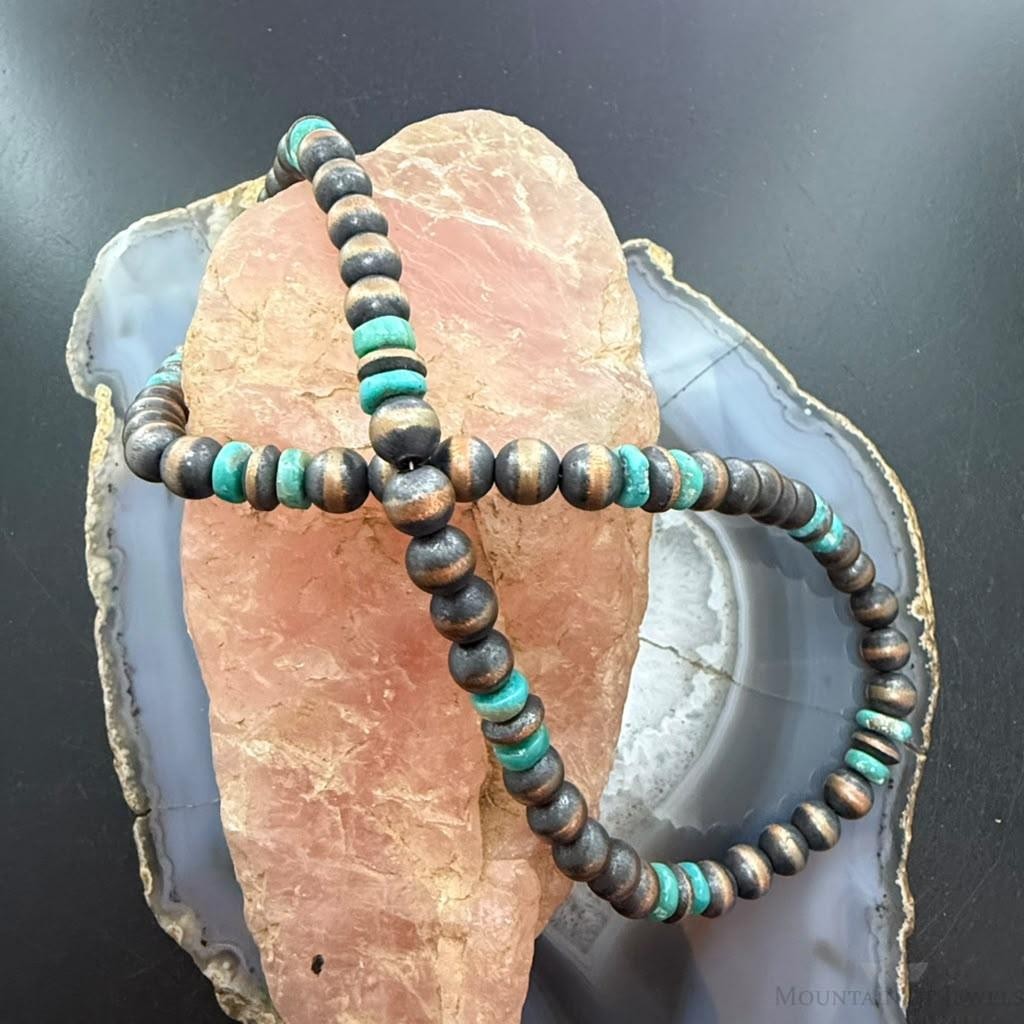 Southwestern Style Copper 8mm Navajo Pearl Beades &Turquoise 18"-20" Necklace For Women