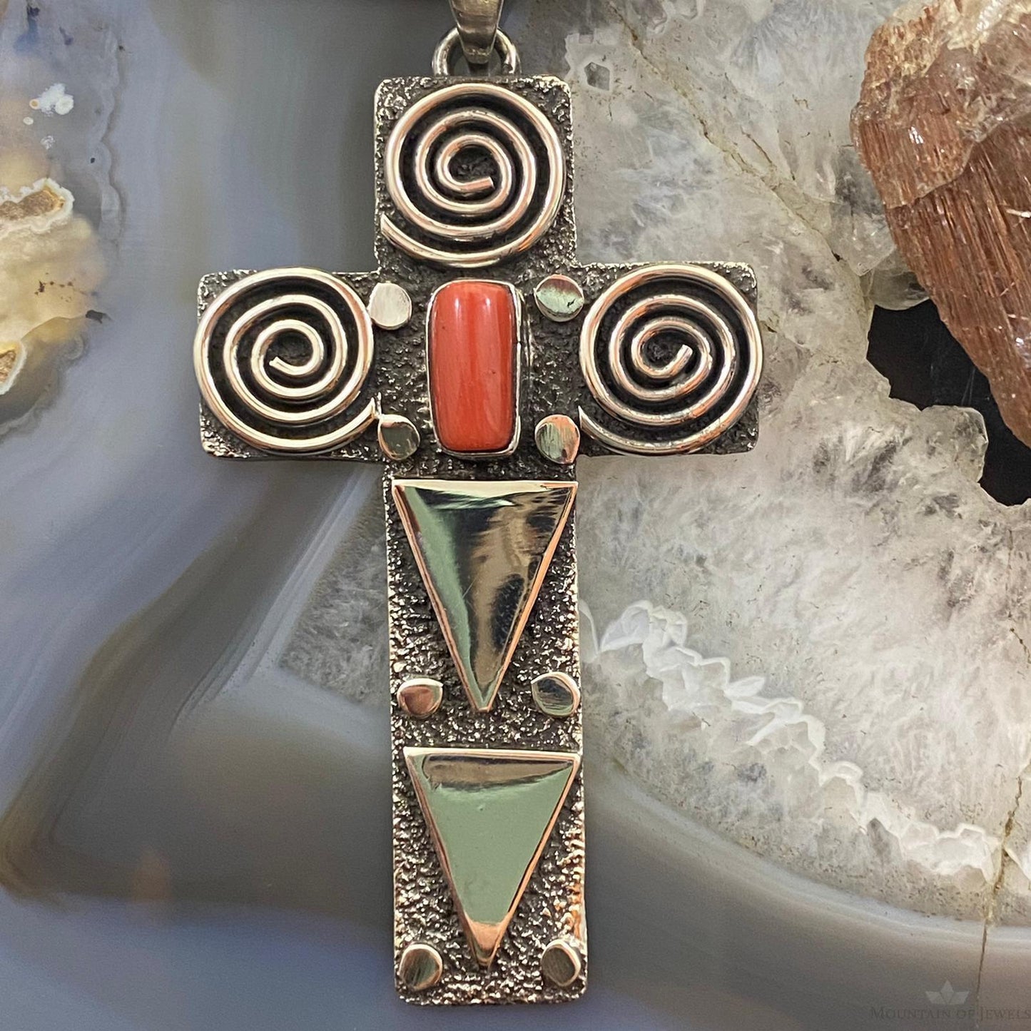 Alex Sanchez Native American Sterling Coral Petroglyph Cross Uni Pendant #4