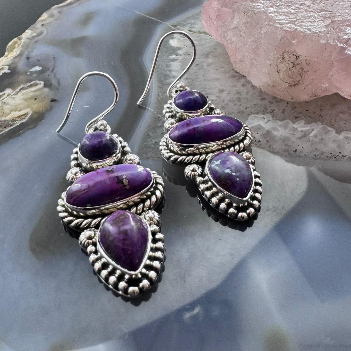 Sterling Silver Southwestern Style 3 Purple Dahlia Decorated Dangle Earrings For Women