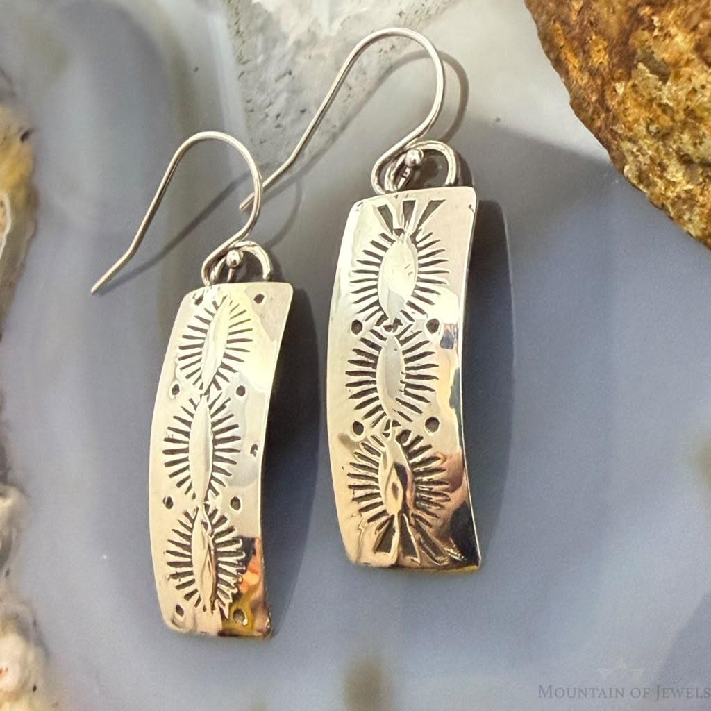 Michael Nez Native American Sterling Silver Stamped Curved Dangle Earrings For Women
