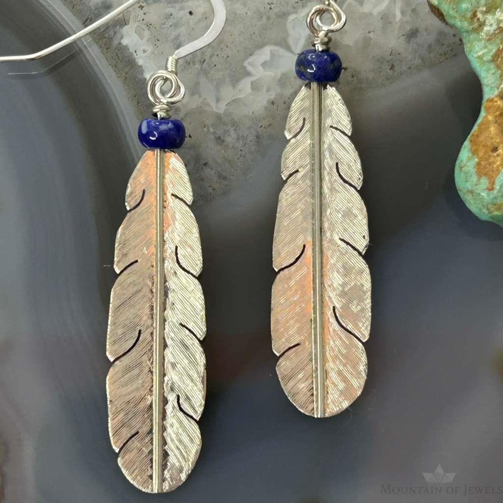 Anthony Gatewood Sterling Silver & Lapis Bead Feather Dangle Earrings For Women