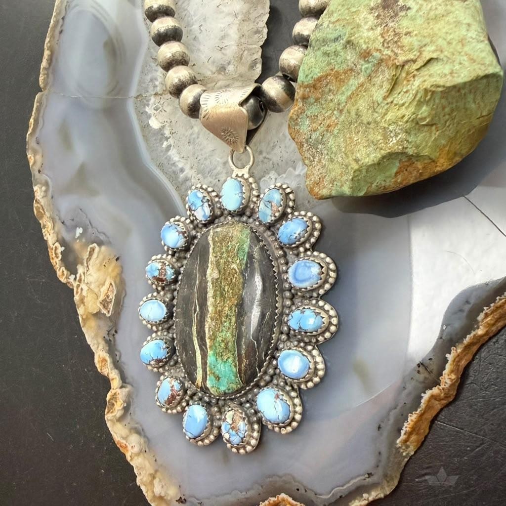 Sterling Silver Southwestern Style Blackjack &Golden Hill Turquoise Cluster Pendant For Women