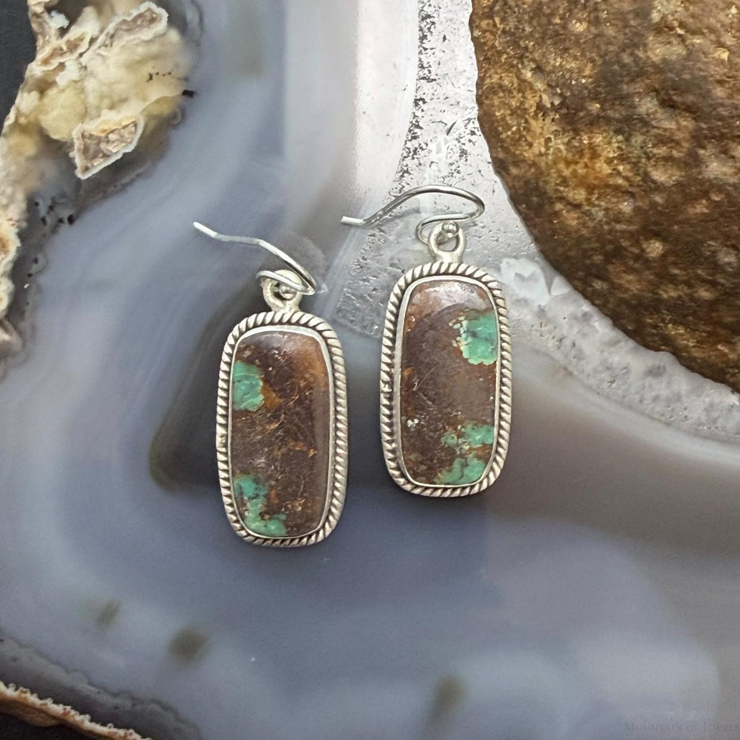Sterling Silver Southwestern Style Rectangle Royston Turquoise Dangle Earrings For Women