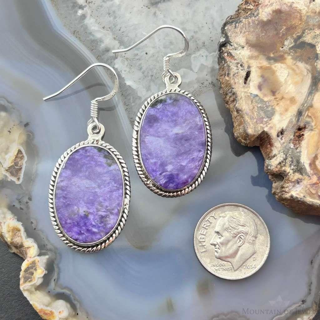 Sterling Silver Southwestern Style Oval Charoite Dangle Earrings For Women