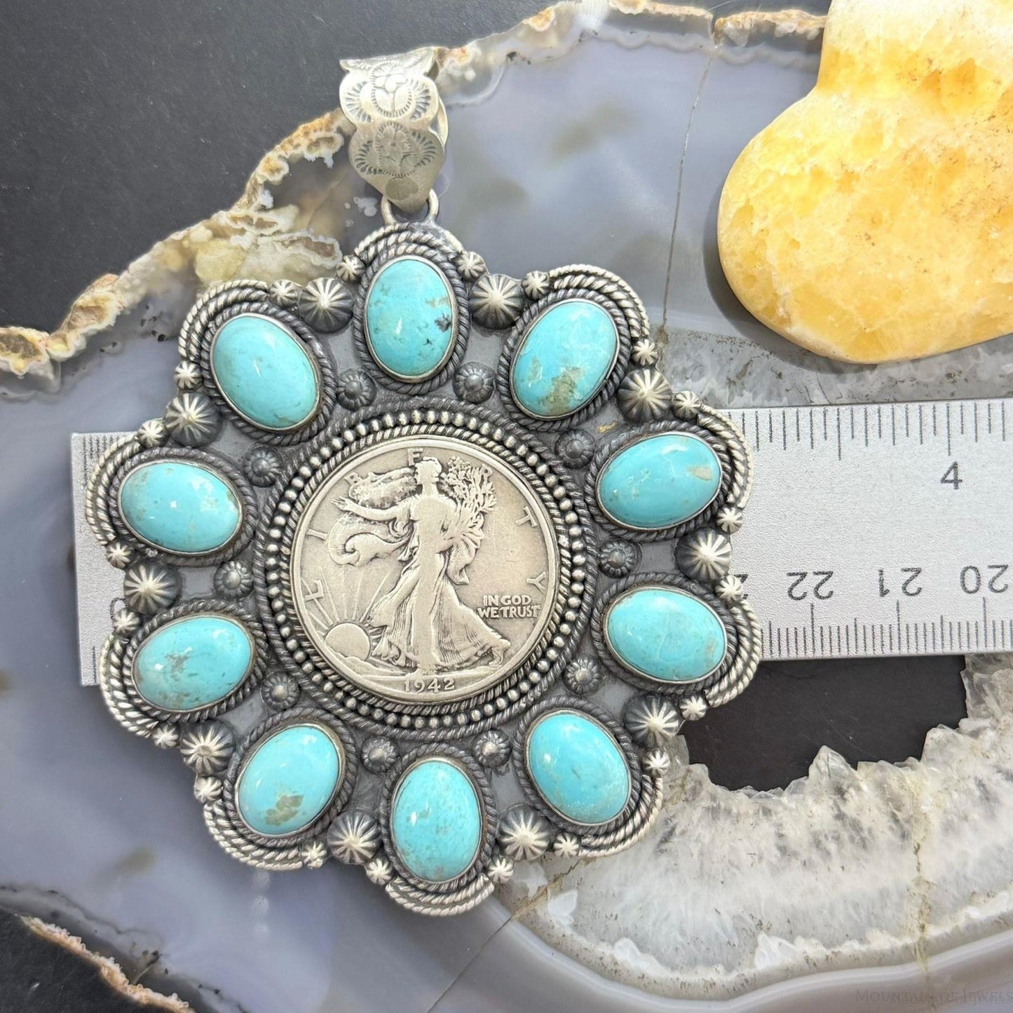 Genuine 1942 90% Silver Walking Liberty Half Dollar Coin w/Turquoise Unisex Pendant