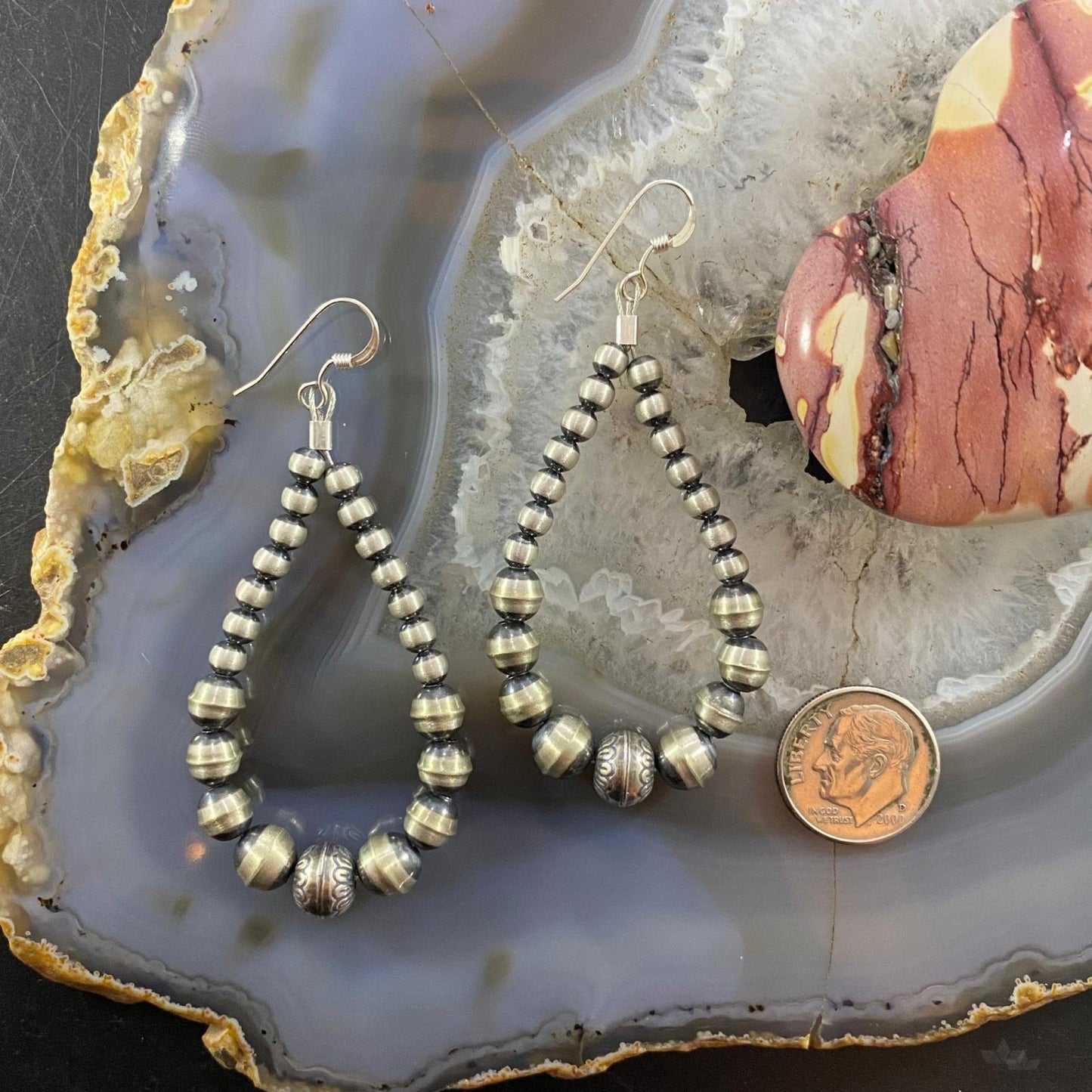 Graduated Navajo Pearl Beads 4-8 mm Sterling Silver Hoop Dangle Earrings For Women