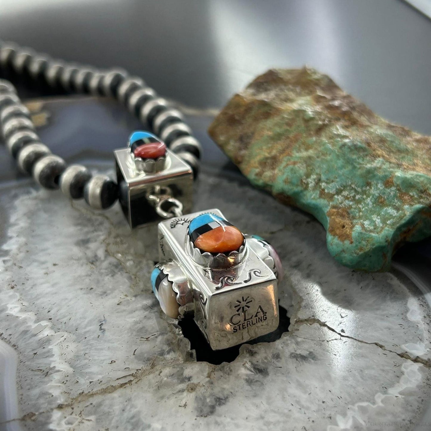 Cliffton Aguilar Santo Domingo Sterling Silver Decorated Multistone Rectangular Pendant
