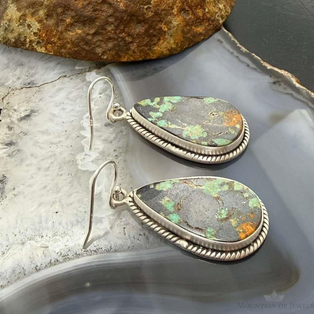 Sterling Silver Southwestern Style Teardrop Turquoise Dangle Earrings For Women
