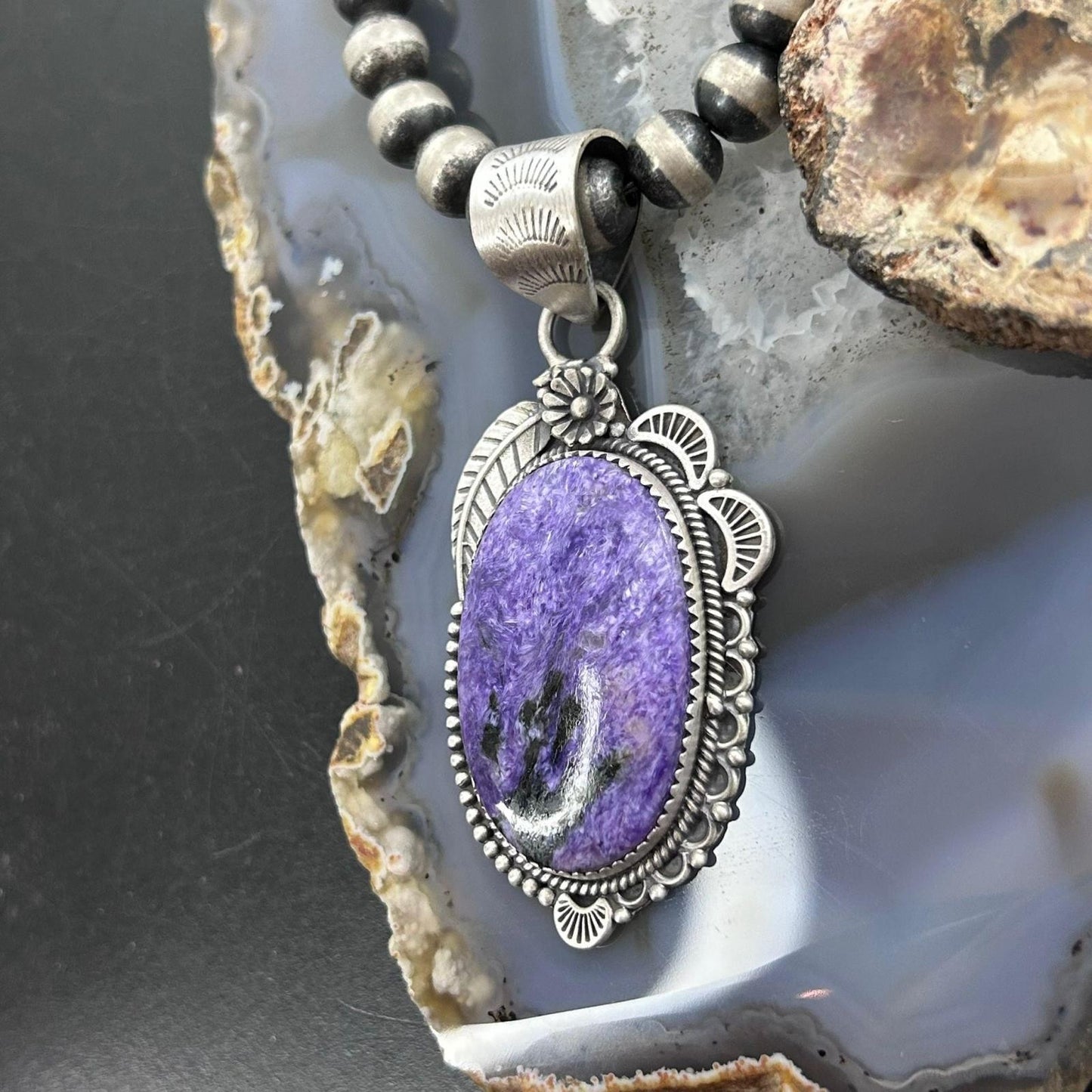Sterling Silver Southwestern Style Oval Charoite Leaf Decorated Pendant For Women