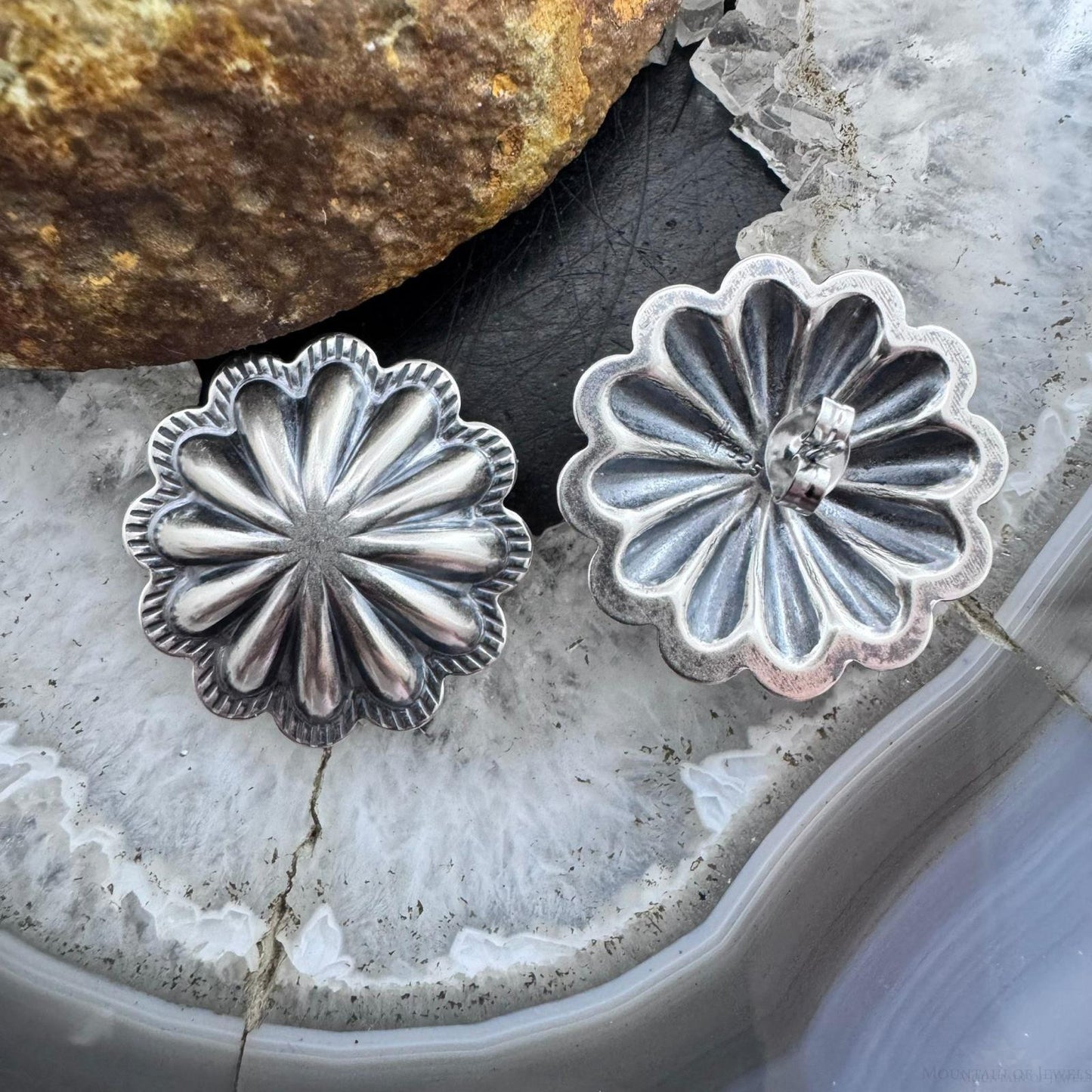 Native American Sterling Silver Repousse Large Concho Stud Earrings For Women