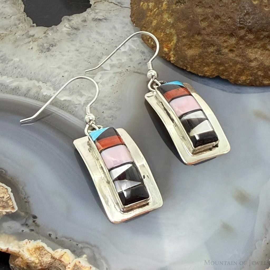 Sheryl Edaakie Zuni Sterling Silver Multistone Inlay Rectangle Dangle Earrings For Women #1