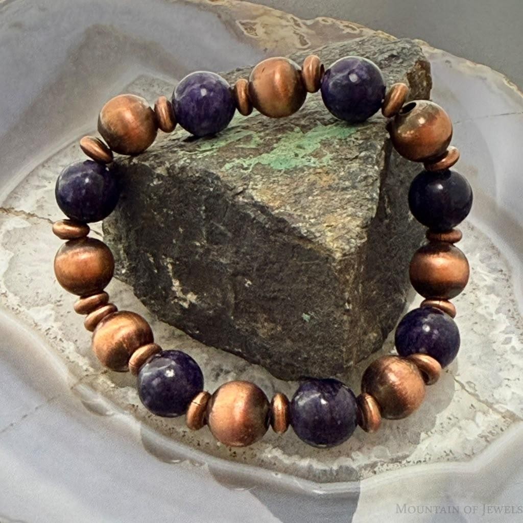 Southwestern Style Copper 10mm Navajo Pearl Beads&10mm Charoite Stretch Bracelet For Women