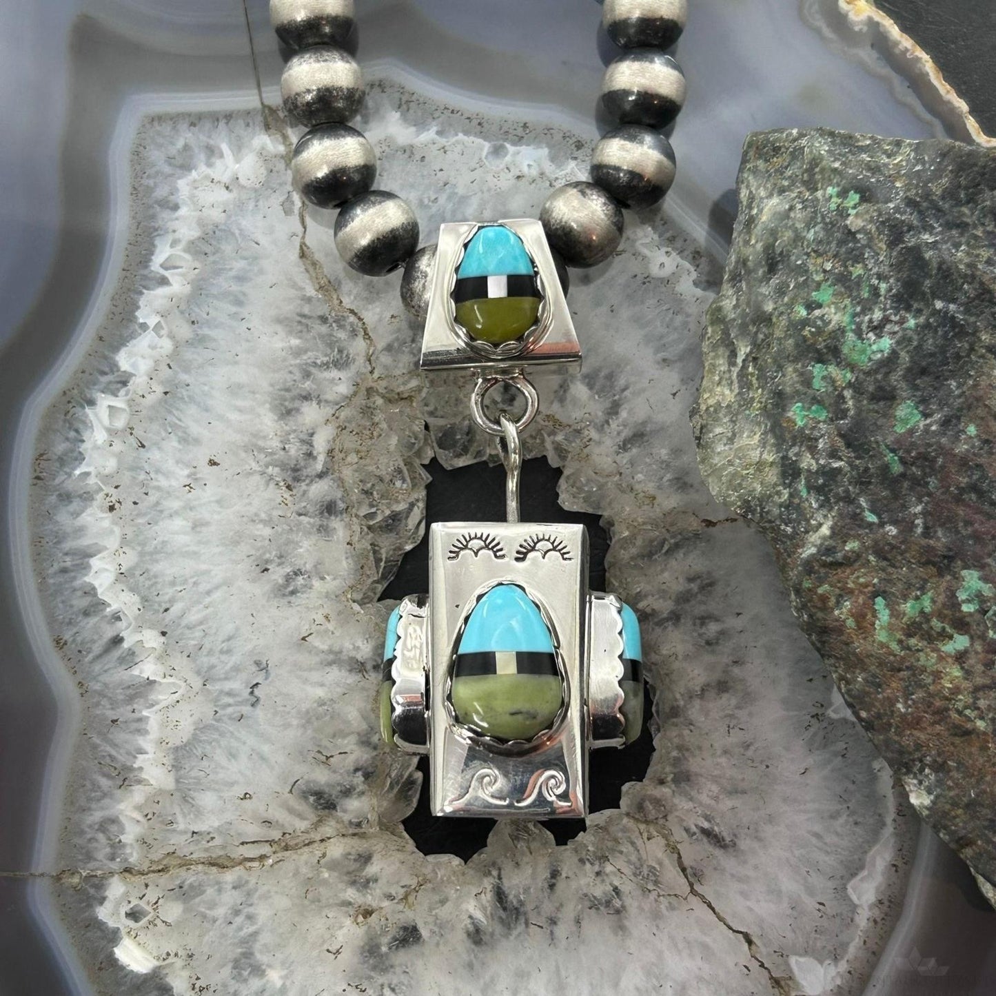 Cliffton Aguilar Santo Domingo Sterling Silver Multistone Decorated Rectangular Pendant