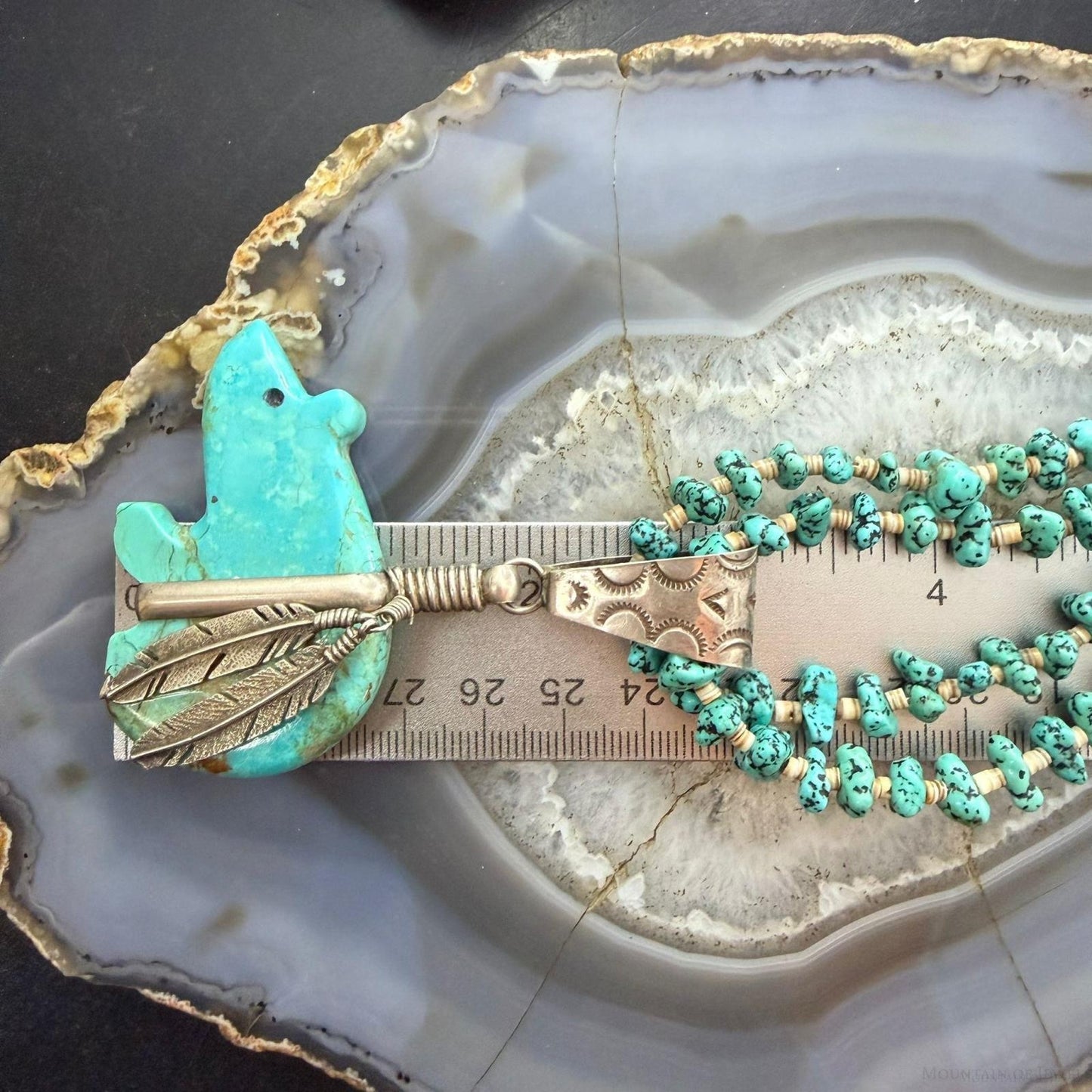 Vintage Native American 2 Strand Kingman Turquoise w/Fetish Bear Necklace