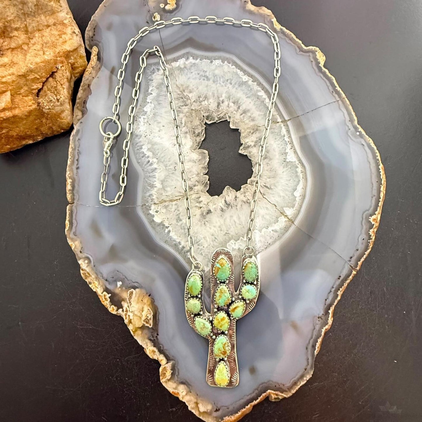 Sterling Silver Southwestern Style Green Kingman Turquoise Cactus Pendant Necklace For Women