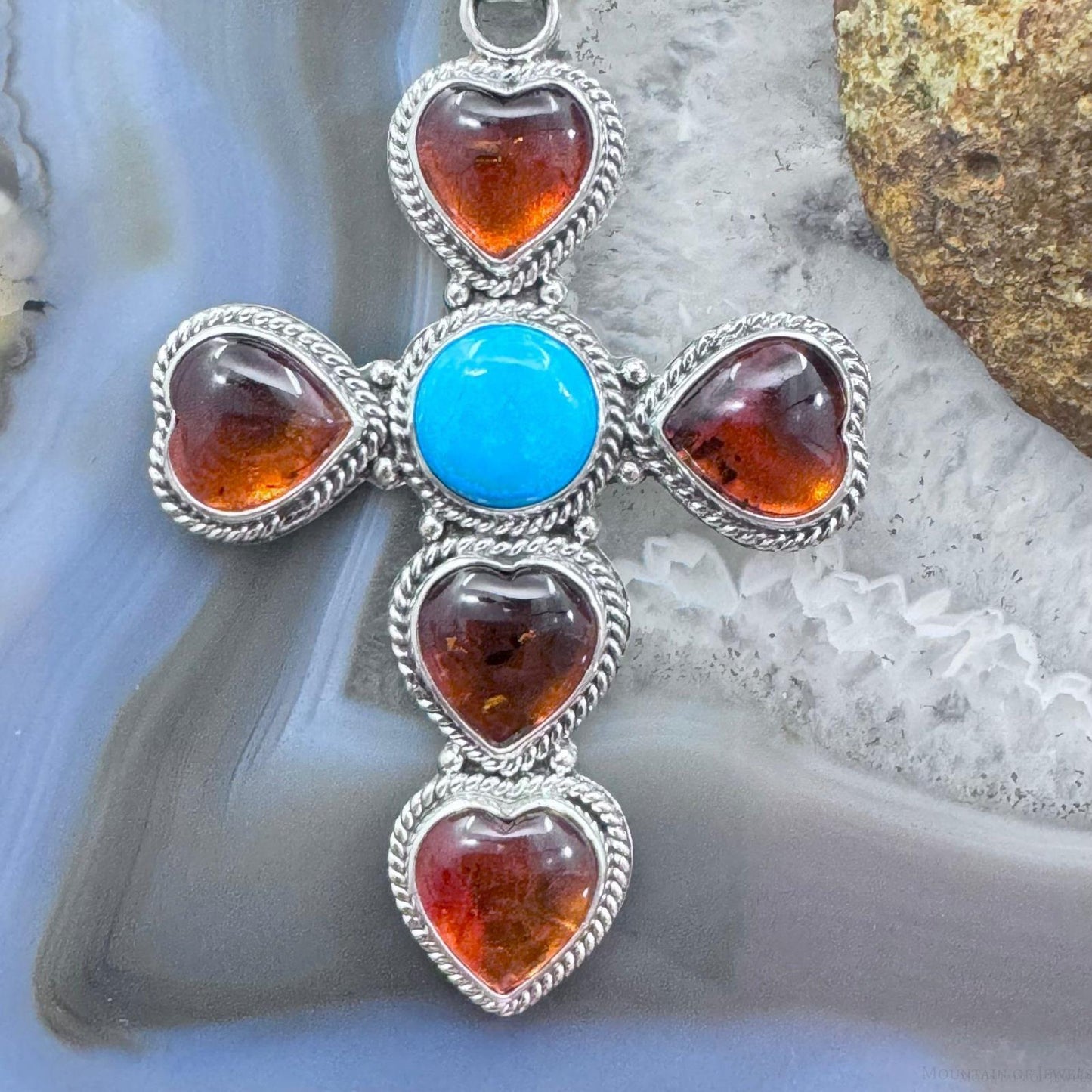 Native American Sterling Silver Turquoise & Amber Cross Pendant For Women