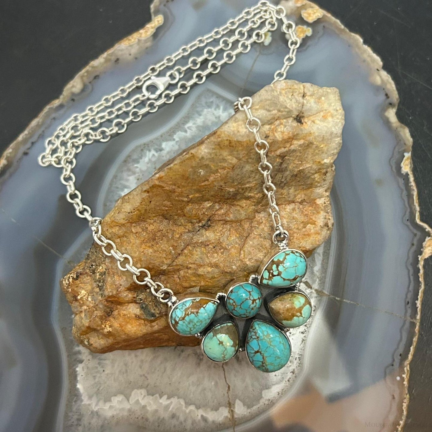 Sterling Silver Southwestern Style Turquoise #8 Cluster 19" Lariat Necklace For Women
