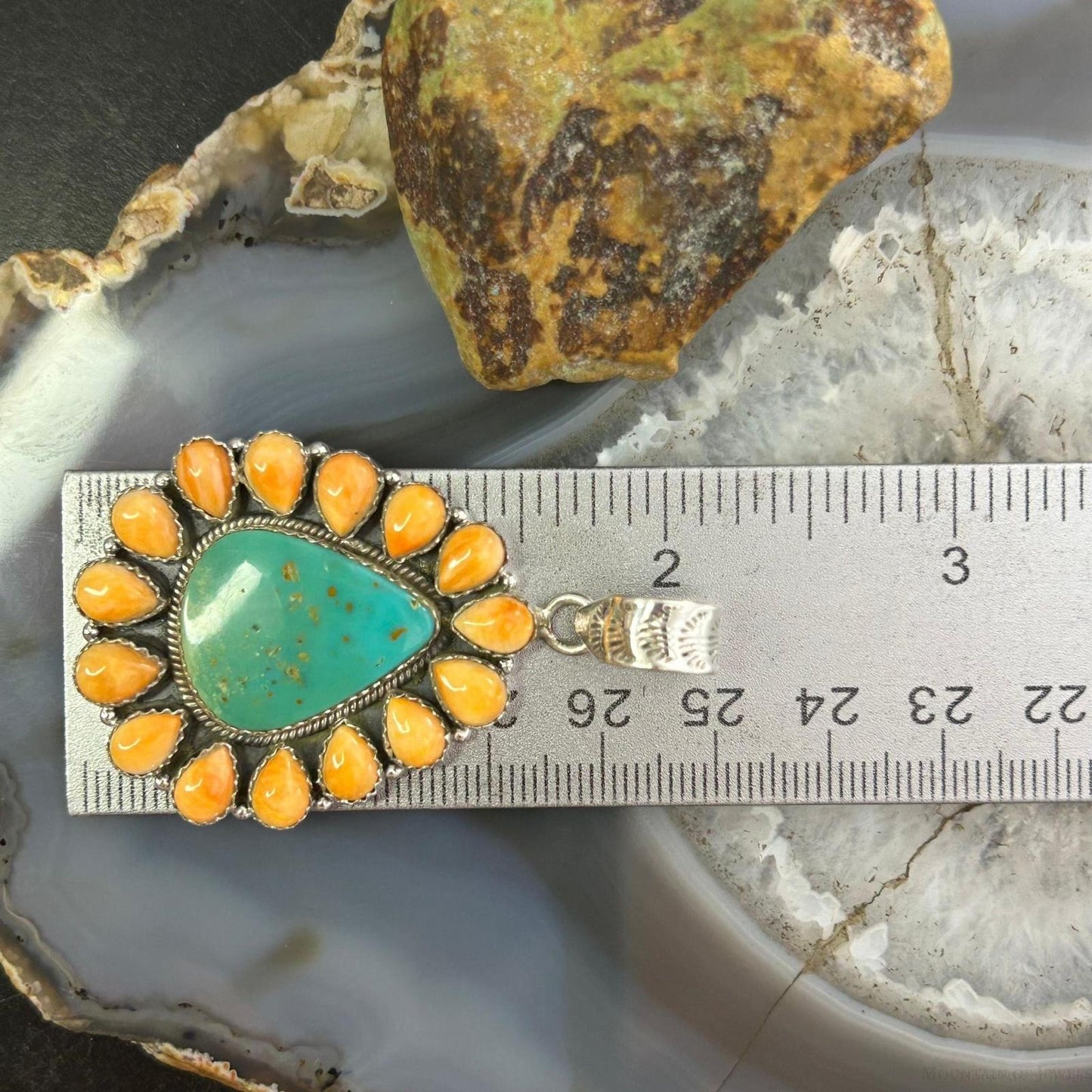 Sterling Silver Southwestern Emerald Valley Turquoise & Spiny Oyster Cluster Pendant For Women