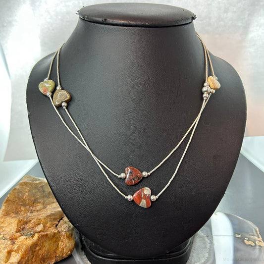 Carolyn Pollack Vintage Sterling Silver Tube Beads & 9 Jasper Hearts Necklace For Women