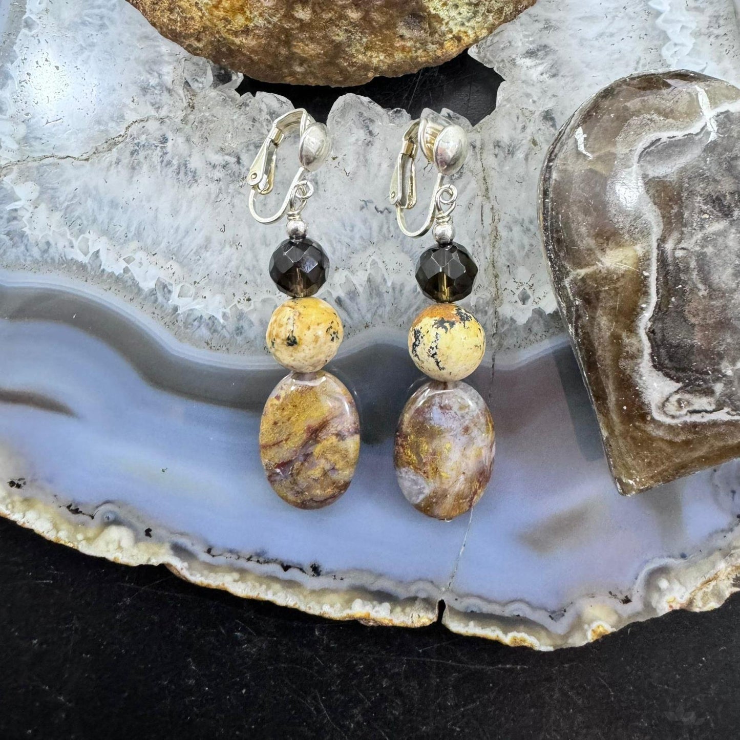 Carolyn Pollack Sterling Silver Smoky Quartz & Jasper Bead Clip-On Earrings For Women