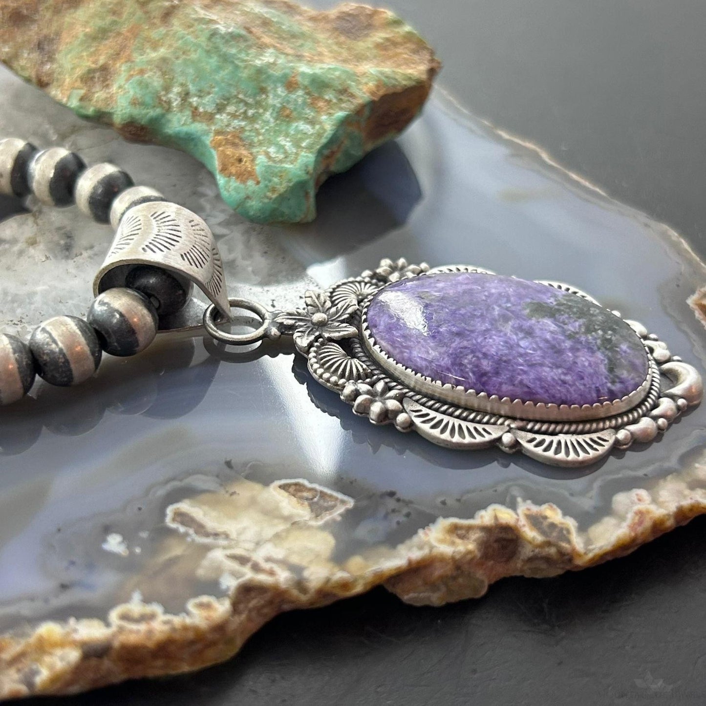 Sterling Silver Southwestern Style Oval Charoite Decorated Pendant For Women