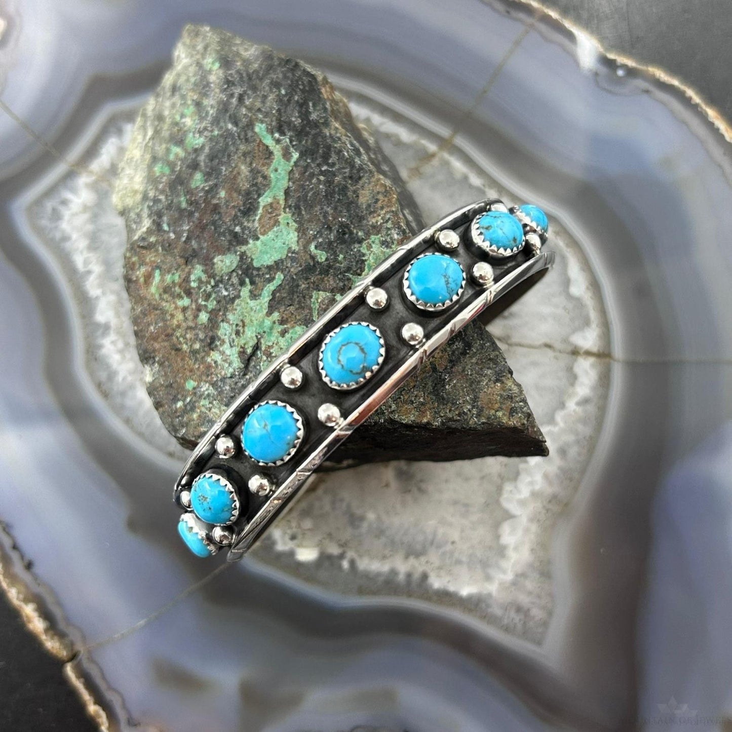 Reed Charley Native Americn Sterling Silver Turquoise Row Bracelet For Women