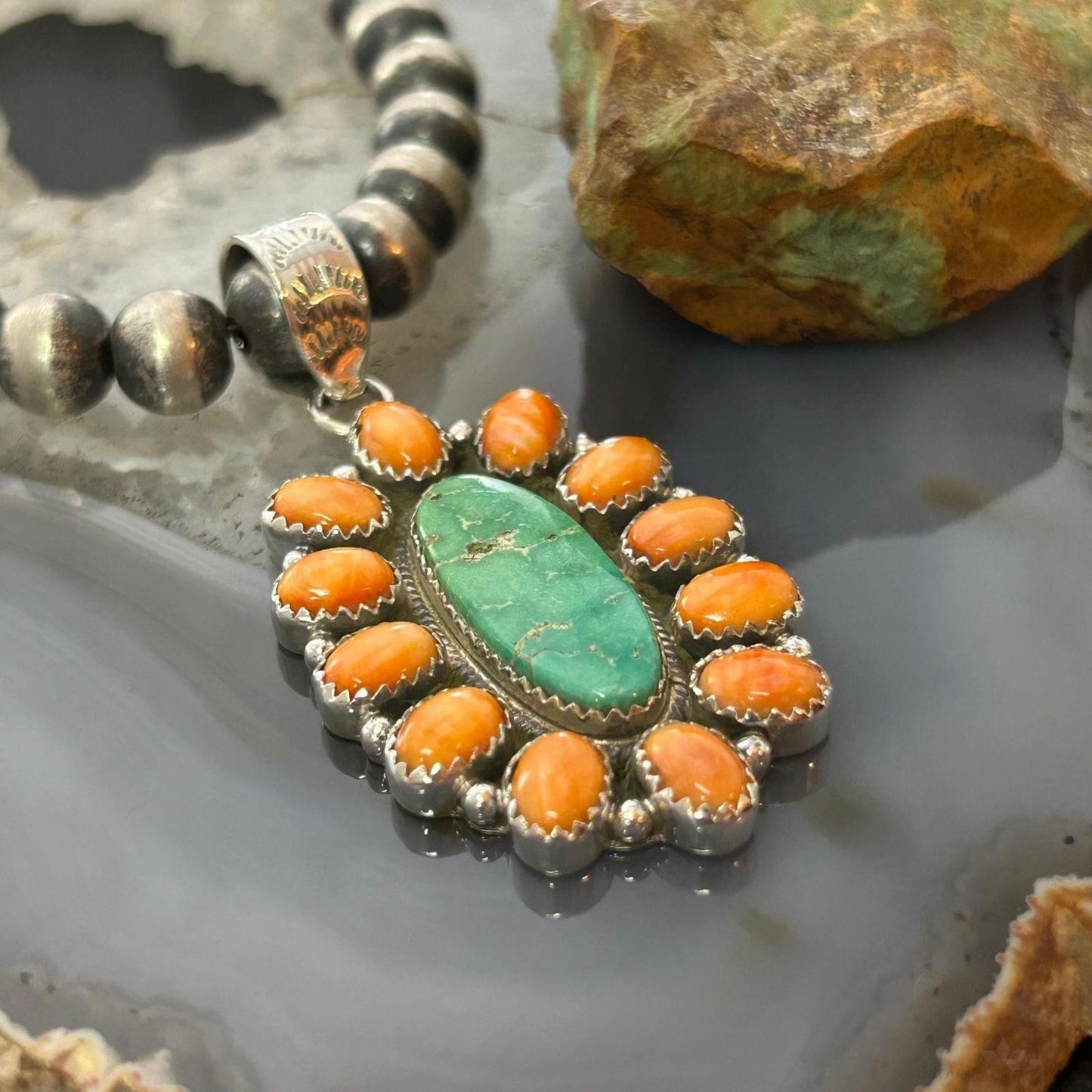 Sterling Silver Southwestern Spiny Oyster & Emerald Valley Turquoise Cluster Pendant For Women