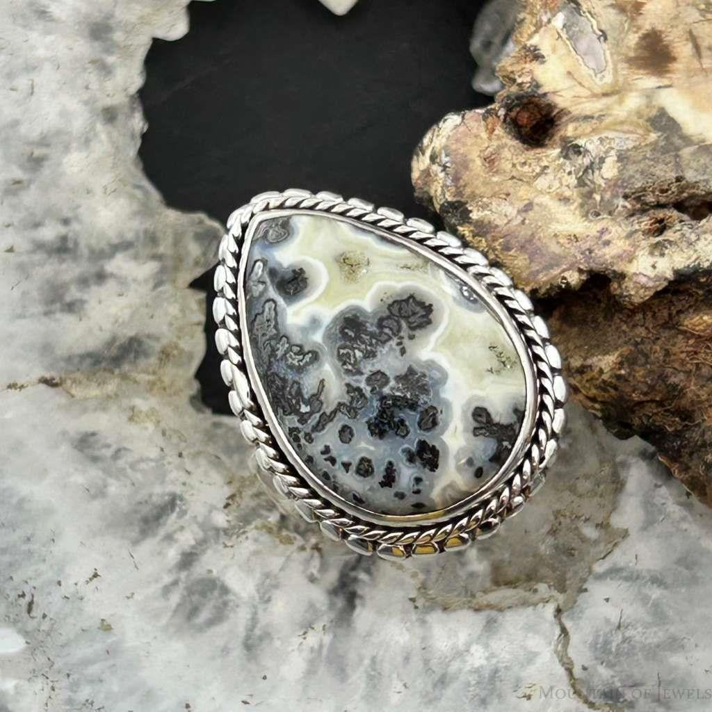 Sterling Silver Southwestern Style Teardrop Dendrite Agate Ring Size 7.5 For Women