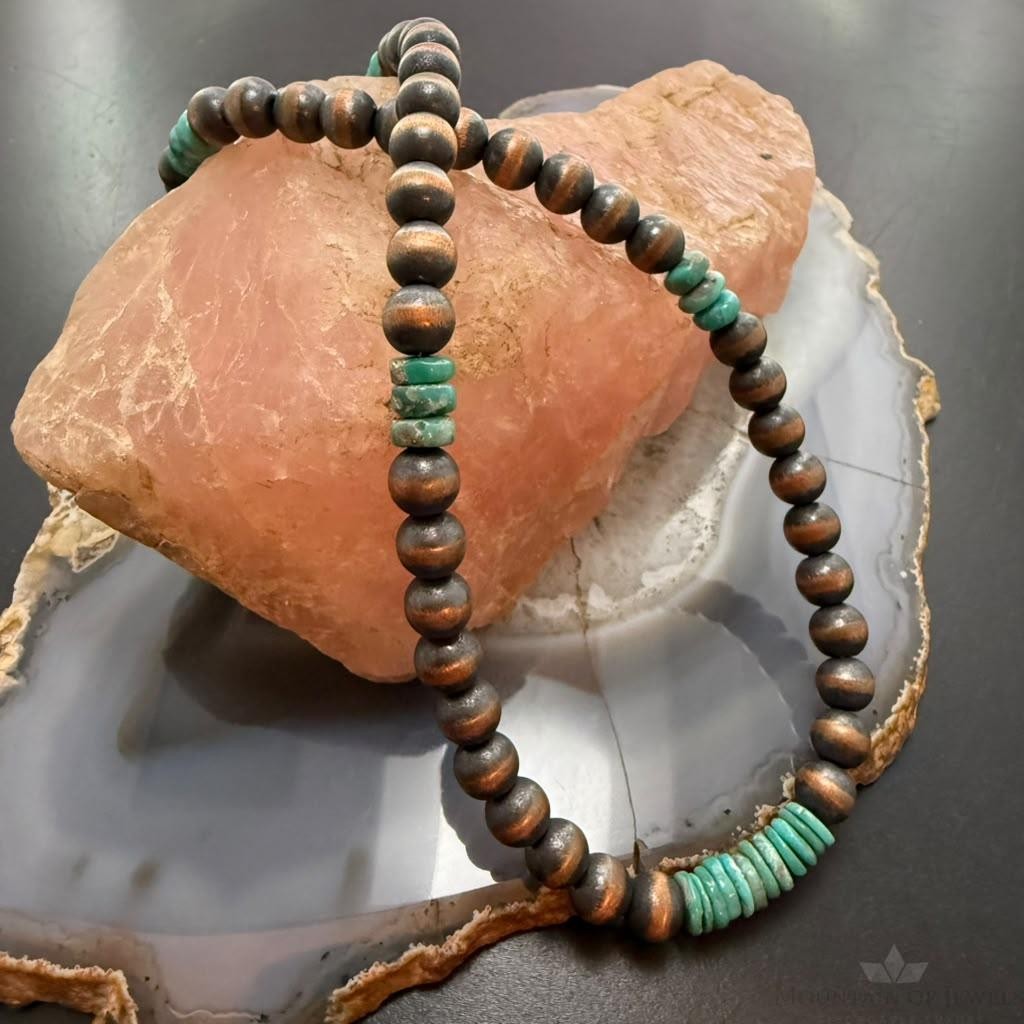 Southwestern Style Copper 8mm Navajo Pearl Beades & Turquoise 18"-20" Necklace For Women