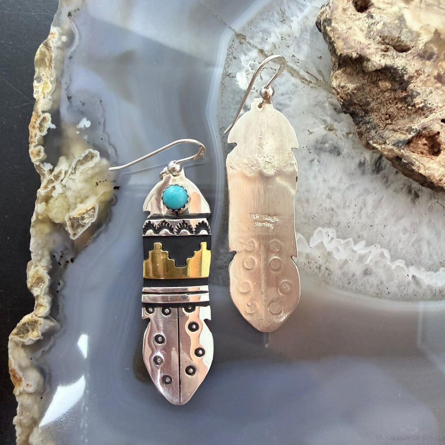 Tommy & Rosita Singer Sterling Silver & GF w/Turquoise Dot Stamped Dangle Earrings For Women