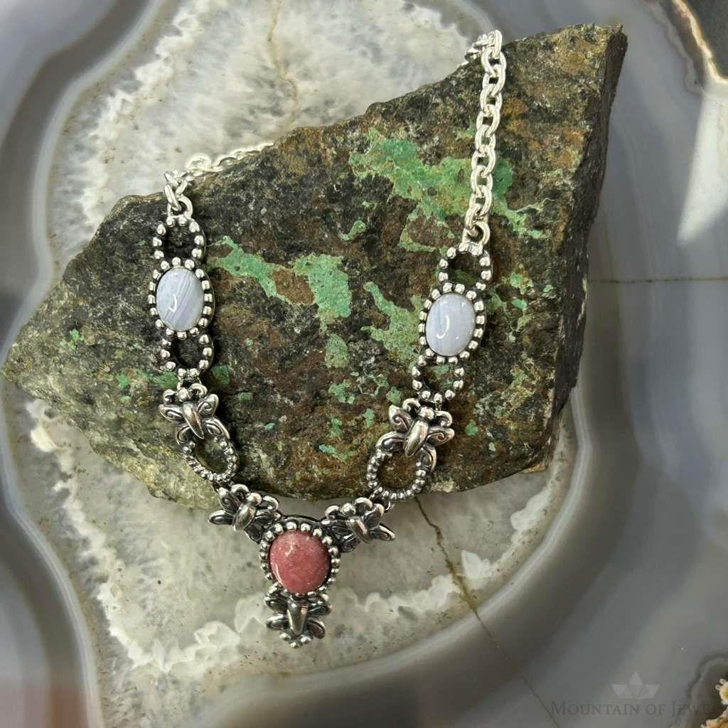 Carolyn Pollack Sterling Silver Blue Lace & Rhodochrosite Necklace For Women