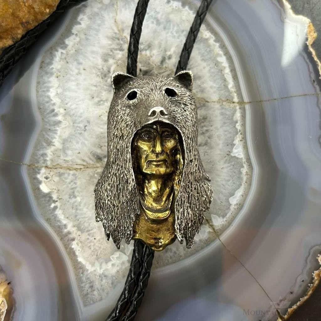 Sid Bell Tully NY Bronze & Pewter Man Inside Bear Decorated Bolo Tie For Men