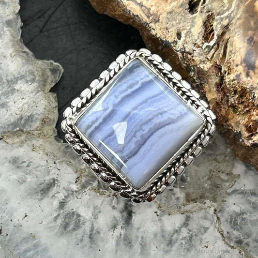Sterling Silver Southwestern Style Square Blue Lace Agate Ring Size 7 For Women