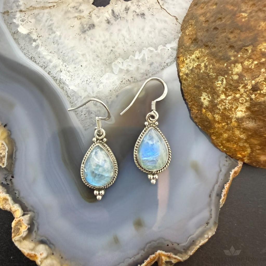 Sterling Silver Southwestern Style Teardrop Moonstone Decrated Dangle Earrings For Women