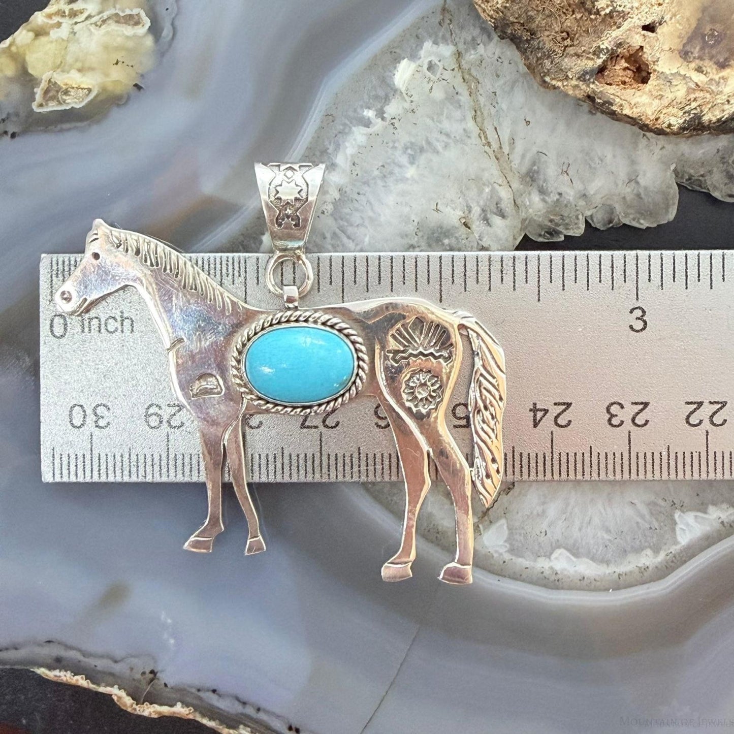 Sterling Silver Turquoise Stamped w/Indigenous Symbols Horse Unisex Pendant
