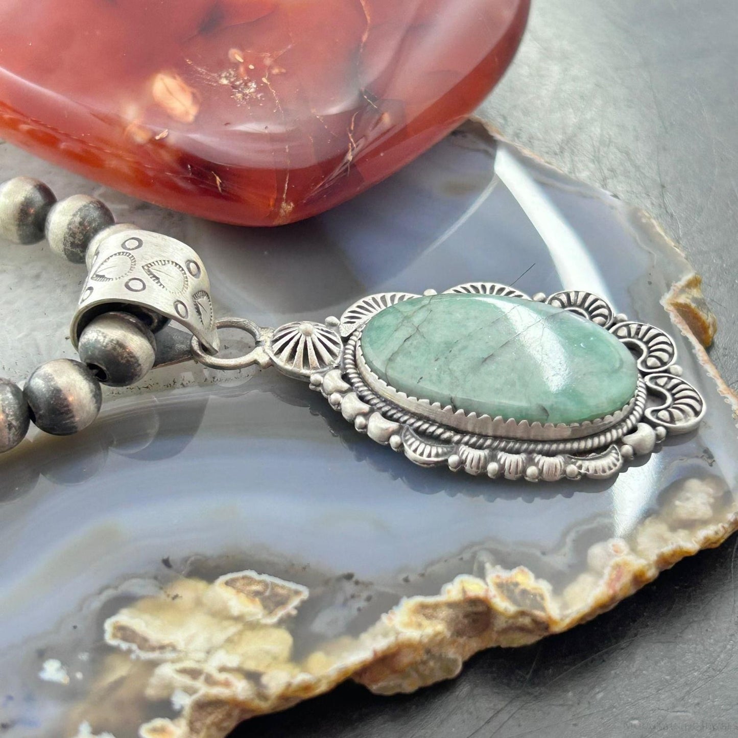 Sterling Silver Southwestern Style Oval Emerald Decorated Pendant For Women
