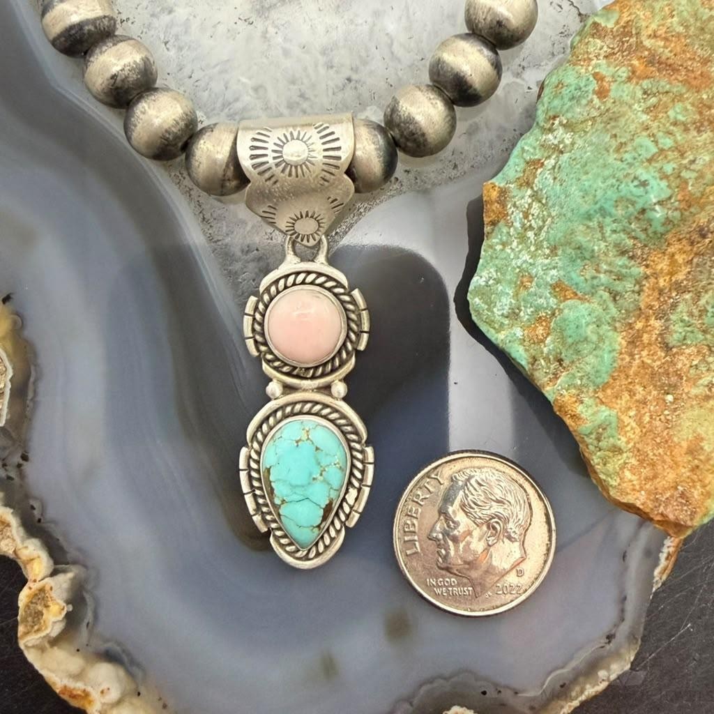 Sterling Silver Southwestern Style Pink Conch & Turquoise Pendant For Women #2