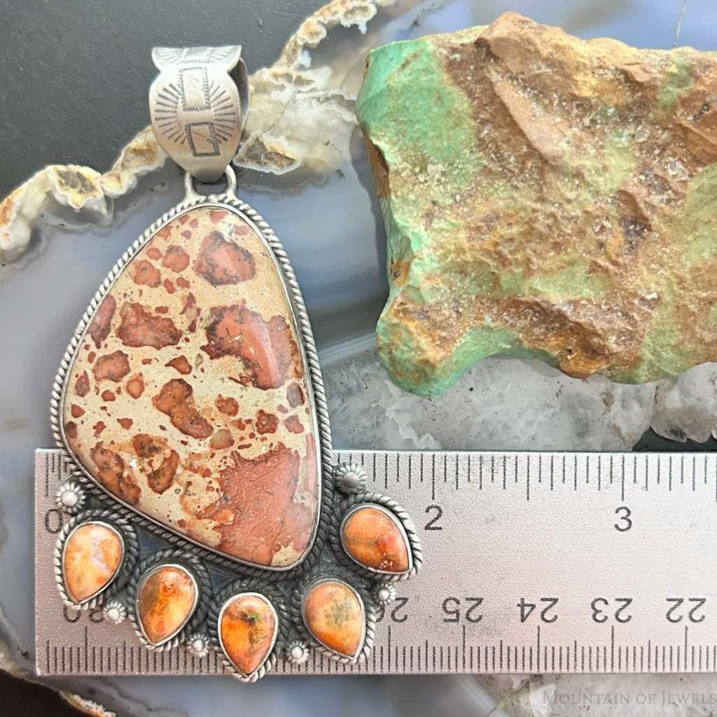 Sterling Silver Southwestern Style Picture Jasper & Spiny Oyster Pendant For Women