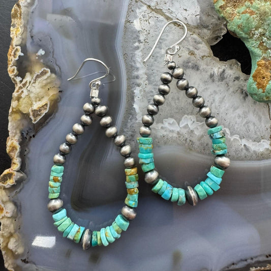 Sterling 4-6mm Navajo Pearl Southwester Style & 5mm Turquoise Bead Hoop Earrings For Women
